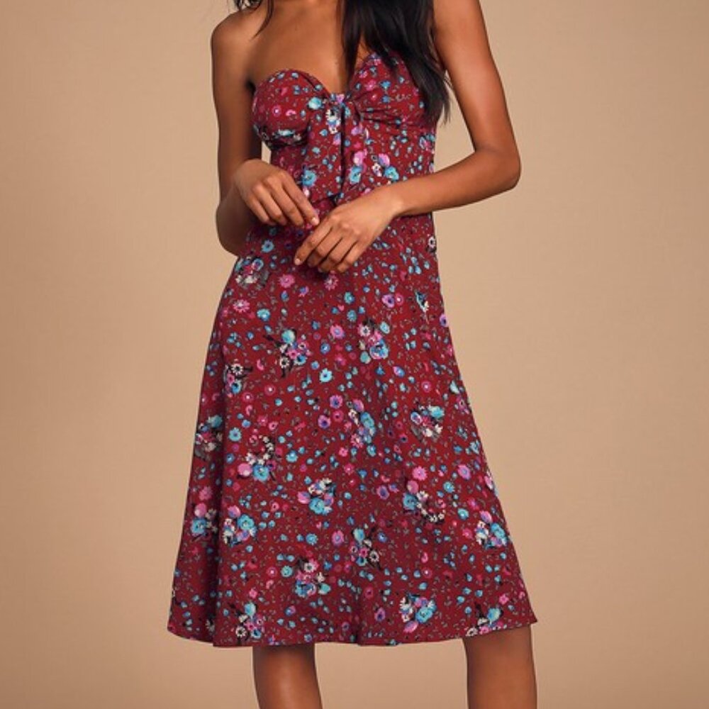 NWT - Lulus Ava Burgundy Floral Print Strapless Midi Dress - Size L